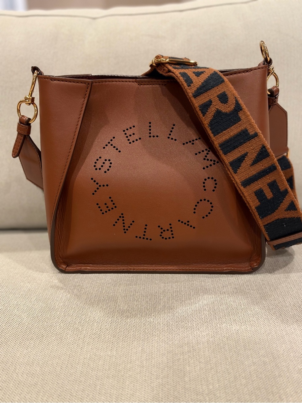 Stella McCartney Tan Brown Perforated Logo Crossbody with Branded Strap